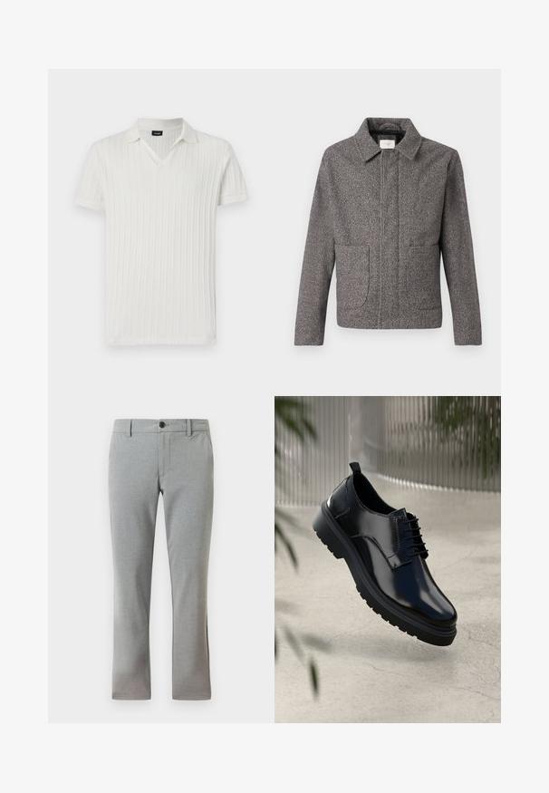 Chaqueta de espiga gris con cuello puntiagudo, bolsillos frontales y un ajuste entallado; presenta una tela texturizada y un cierre de botón.; Polo blanco de manga corta con cuello en V y cuello doblado. Textura suave con patrón vertical. La etiqueta dentro del cuello dice "JOOP!"; Pantalones de vestir de hombre en corte slim de color gris claro con pasadores para cinturón, botón frontal y bolsillos laterales, mostrados sobre un fondo blanco.; Zapato de cuero negro con un acabado brillante, puntera redonda, diseño de cordones, costuras de contraste y una suela de goma gruesa con patrones de tracción.