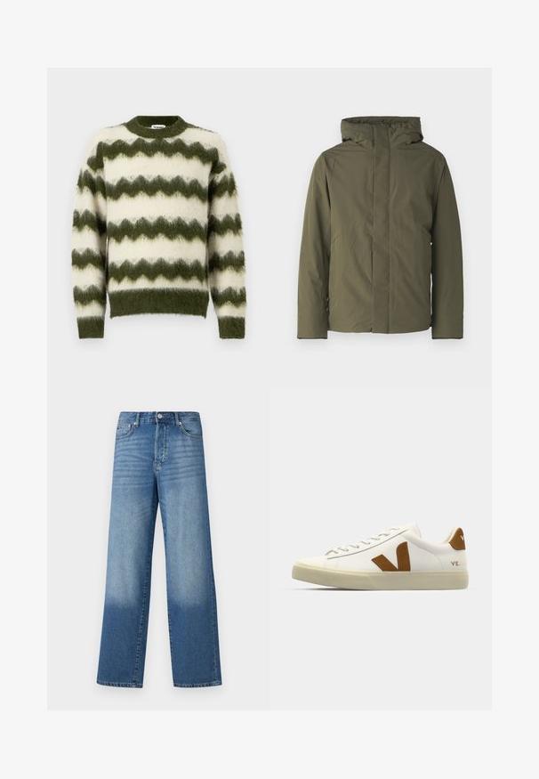 Oliven grøn vandtæt jakke med høj krave, hætte og minimalistisk design. Har lange ærmer og lige snit. Ingen synlige lukninger.; Grøn og hvid zigzag-mønstret sweater lavet af blødt, fluffy materiale med rund halsudskæring og ribbede manchetter.; Blå højtaljede strækte jeans med falmede områder på lårerne og mørkere skygger nær kanten, synlig frontknap og lommer.; Hvide lædersneakers med et brunt ruskind V-logo, rund tå, flad snørelukning og struktureret sål for greb.