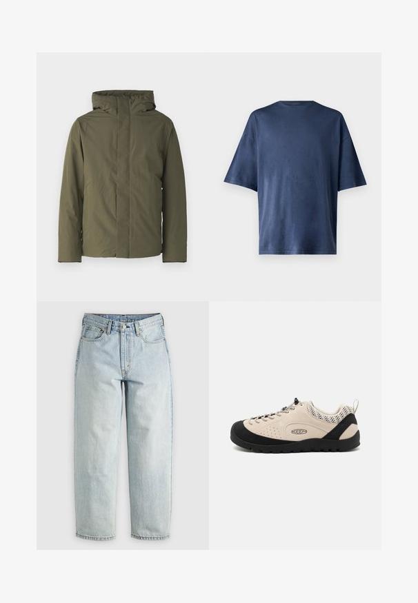 Oliven grøn vandtæt jakke med høj krave, hætte og minimalistisk design. Har lange ærmer og lige snit. Ingen synlige lukninger.; Marineblå kortærmet T-shirt, lavet af blødt stof, har en klassisk rund hals og løs pasform, uden synlige mønstre eller accenter.; Lysblå denimjeans med lige ben, fem lommer og knap-fly lukning; har slidte områder og subtile syninger.; Beige ruskindsko med sort gummitåhætte og sål, med snøredesign og åndbare mesh-detaljer på hælen.