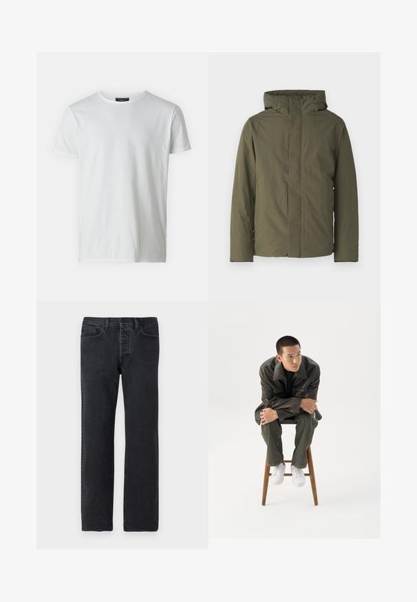 Olivegrüne wasserdichte Jacke mit hohem Kragen, Kapuze und minimalistischer Design. Verfügt über lange Ärmel und einen geraden Schnitt. Keine sichtbaren Verschlüsse.; Weißes T-Shirt mit kurzen Ärmeln und Rundhalsausschnitt aus Baumwolle mit glatter Textur. Verfügt über ein Etikett am Kragen. Einfaches, schlichtes Design.; Schwarze Denim-Jeans mit geradem Bein, fünf Taschen, Gürtelschlaufen und minimalen Nähten. Hergestellt aus weichem, strukturiertem Baumwollstoff.; Junger Mann in dunkler Lederjacke und Jeans sitzt auf einem Holzstuhl, lehnt sich mit verschränkten Armen nach vorne und schaut seitlich vor weißem Hintergrund.