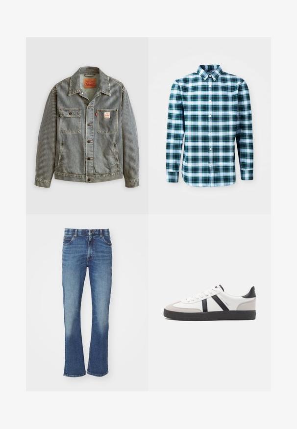 Gestreepte denimjacket met een frontsluiting met knopen, twee borstzakken en een Levi's-label. Beschikt over een klassieke kraag en opgerolde mouwen.; Groene en witte geblokte overhemd met lange mouwen, een button-down kraag en knopen aan de voorkant. Gemaakt van lichtgewicht stof, met een gestructureerd ontwerp.; Blauwe denim jeans met een lichte flare, voorzien van een vervaagde wassing, vijf zakken en een knoopsluiting.; Witte sneaker met zwarte en grijze accenten, voorzien van een grijze neus met textuur, zwarte rubberen zool en platte witte veters. Schoon ontwerp, minimalistische stijl.