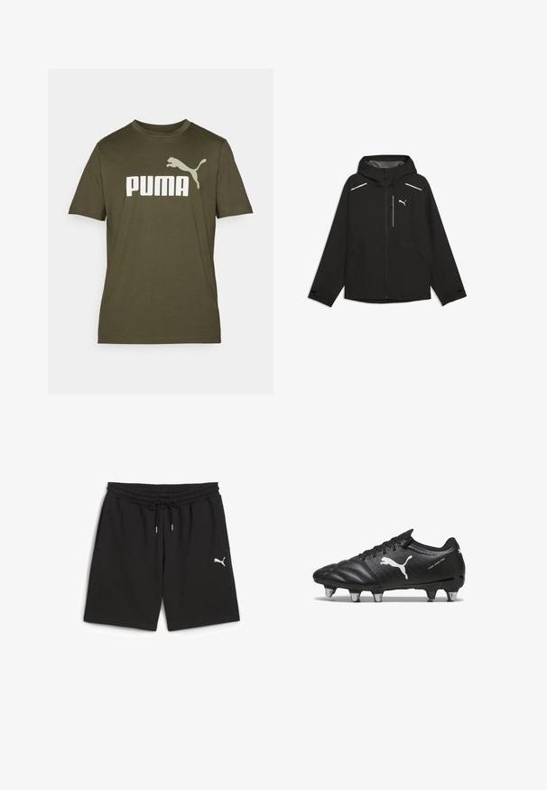 Puma RAINCELL - Regenjacke / wasserabweisende Jacke - black; Olivgrünes Baumwoll-T-Shirt mit einem großen weißen "PUMA"-Logo und einem springenden PUMA-Grafik auf der linken Schulter. Kurze Ärmel, Rundhalsausschnitt.; Schwarze Sportshorts aus weichem Stoff, mit elastischem Bund, Kordelzug, seitlichen Taschen und einem weißen Puma-Logo am linken Bein.; Schwarze Fußballschuhe aus strukturiertem Material, mit weißem Puma-Logo, Schnürverschluss und Metallnägeln für besseren Halt. Das Design betont Leistung und Unterstützung.