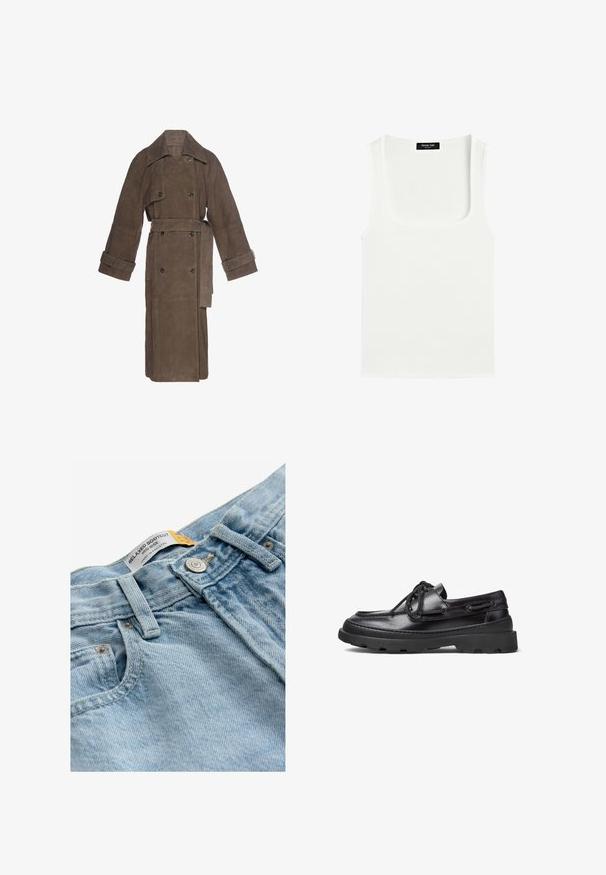 Lange bruine suède trenchcoat met brede kraag, dubbelgeknoopte knopen, ceintuur in de taille en verstelbare manchetten aan de lange mouwen.; Witte mouwloze tanktop met een vierkante halslijn en een zwart label aan de binnenkant van de achterkant van de nek.; Lichtblauwe denim jeans met een ontspannen bootcut ontwerp, middelhoge taille, metalen knoopsluiting en een etiket met de tekst "RELAXED BOOTCUT."; Zwarte leren bootsschoenen met een ronde neus, vetersluiting, gestikte accenten en een chunky rubberen zool met een gestructureerd grippatroon.