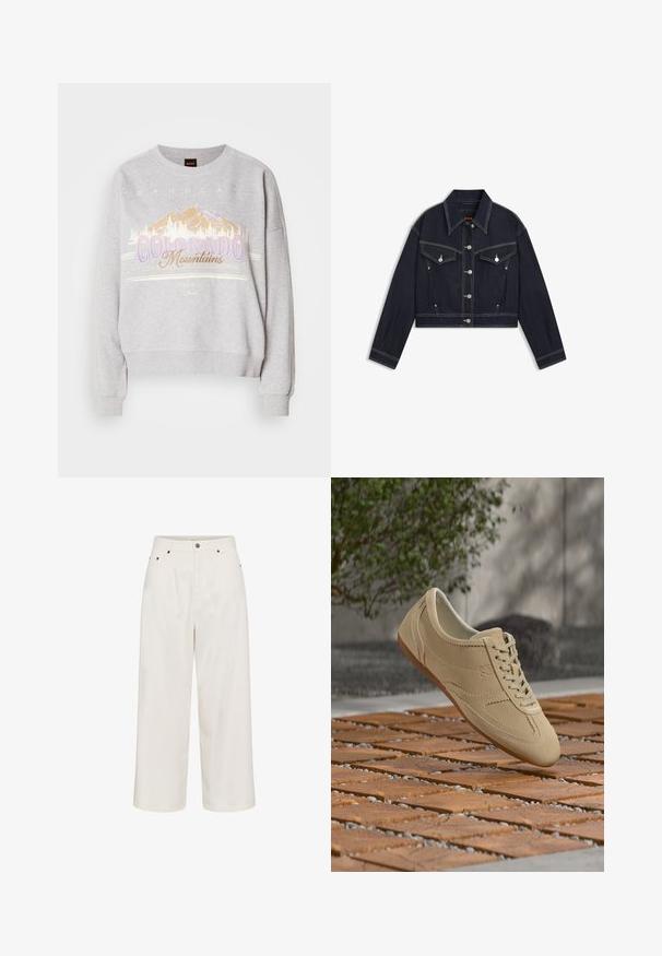 Donker denim cropped jasje met een puntkraag, zilverkleurige hardware, twee borstzakken en contrasterende witte stiksels.; Grijze sweatshirt met een ronde halslijn, lange mouwen en een grafische print van bergen met de tekst "Colorado Mountains." Zachte textuur.; Crèmekleurige broek met hoge taille en wijde pijpen, met voorzijde knoop- en ritssluiting, riemlussen en zij- en achterzakken.; Beige suède sneaker met veters die boven een houten tegelvloer zweeft, met groen en een grijze muur op de achtergrond.