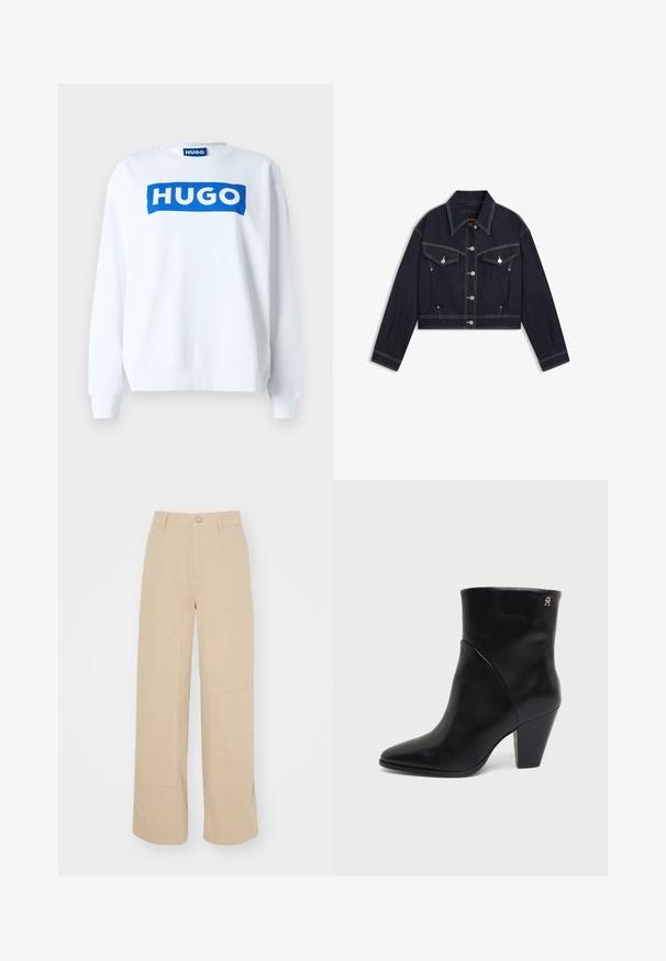 Donker denim cropped jasje met een puntkraag, zilverkleurige hardware, twee borstzakken en contrasterende witte stiksels.; Witte sweatshirt van een katoenmix met een blauw "HUGO" logo aan de voorkant, ronde halslijn en ribgebreide manchetten en onderkant.; Beige flared broek gemaakt van katoen. Heeft twee grote voorkruiden en een metalen knoopsluiting bij de tailleband. Gladde textuur.; Zwarte leren enkellaars met puntige neus, blokhak en klein gouden logo nabij de bovenzijde aan de buitenkant.