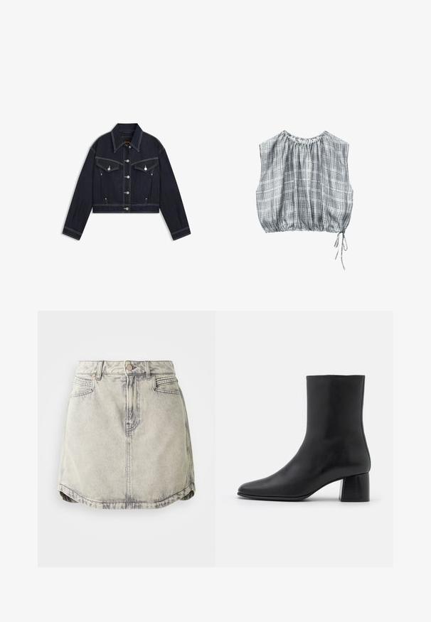 Chaqueta corta de mezclilla oscura con cuello puntiagudo, herrajes plateados, dos bolsillos en el pecho y costuras blancas en contraste.; Top sin mangas, suelto, de cuadros grises y blancos con escote y dobladillo elásticos, que cuenta con un detalle ajustable de lazo lateral.; Falda de denim en gris claro con textura desgastada, que cuenta con una cinturilla abotonada, bolsillos frontales y un dobladillo ligeramente curvado.; Botín negro de cuero hasta el tobillo con punta afilada y un tacón cuadrado y grueso. Textura suave con un diseño sin costuras y un estilo minimalista en las costuras.