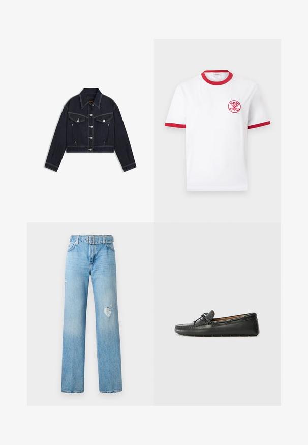 Donker denim cropped jasje met een puntkraag, zilverkleurige hardware, twee borstzakken en contrasterende witte stiksels.; Witte T-shirt met korte mouwen, rode kraag en mouwboorden, met een klein rood rond "JOOP! Jeans" logo op de linkerborst.; Lichtblauwe denim jeans met een wijde pijp, voorzien van versleten details op de knieën en een klassiek vijf-pocket ontwerp met riemlussen.; Zwarte leren bootshoe met een ronde neus, gestikte details, een kleine strikaccent en een rubberen zool. Soepele textuur en gestroomlijnd ontwerp.