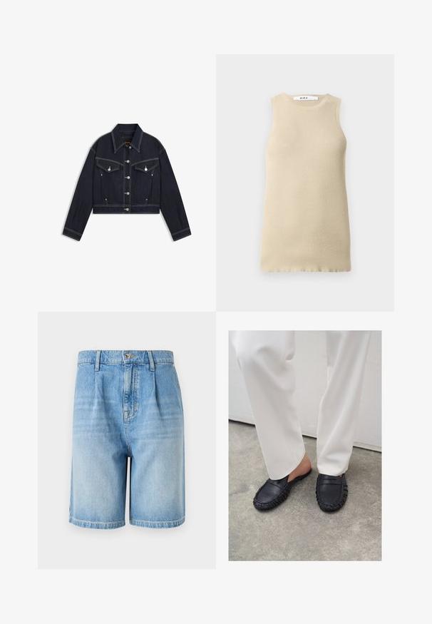 Mørk denim cropped jakke med spids krave, sølvfarvet hardware, to brystlommer og kontrastfuld hvid syning.; Beige ribbet ærmeløs top med rund halsudskæring, der har en tætsiddende pasform og glat tekstur, ideel til lag-på-lag eller varmt vejr.; Lysblå denimshorts med en afslappet pasform, med knaplukning, to forlommer og lige kant. Blegningseffekt gennem hele stoffet.; Person iført hvide bukser og sorte læder slip-on loafers, der står på betongulv.