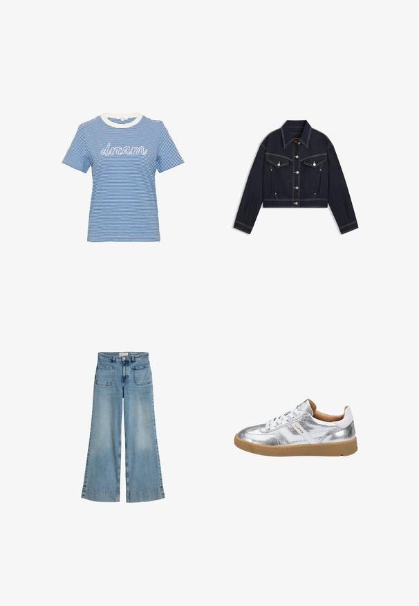 Donker denim cropped jasje met een puntkraag, zilverkleurige hardware, twee borstzakken en contrasterende witte stiksels.; Blauw-witte gestreepte kortemouwen t-shirt met een witte geribbelde halslijn en de tekst "droom" in witte schrift op de voorkant.; Lichtblauwe jeans met wijde pijpen, hoge taille, knoop aan de voorkant, twee grote voorzakken en subtiel verbleekte details op de dijen.; Metallic zilveren sneaker met witte accenten, vetersluiting en een zool van kauwgomrubber. Gestructureerd oppervlak en merklogo aan de zijkant.