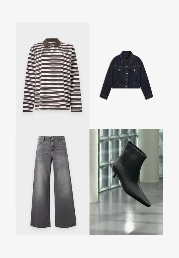 Veste en denim foncé coupée courte avec col pointu, quincaillerie argentée, deux poches poitrine et surpiqûres blanches contrastantes.; Samsøe Samsøe T-shirt à manches longues - turkish coffee; Jean à jambe large en denim gris foncé délavé. Comprend une ceinture classique, cinq poches et de légères usures près de l'avant.; Bottine en cuir noir à bout pointu et petit talon kitten, présentée en angle devant un sol poli et un mur en blocs de verre.