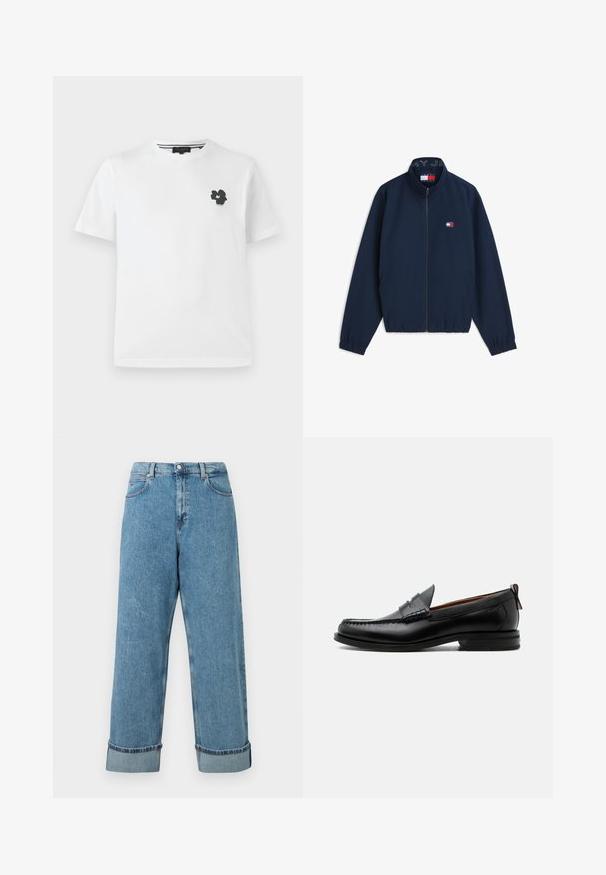 Marineblauw ritsjack met elastische manchetten en zoom, klein Tommy Jeans-logo op de borst en Tommy Jeans-branding aan de binnenkant van de kraag.; Witte katoenen t-shirt met een v-hals, voorzien van een kleine zwarte bloemenprint op de linker borst. Korte mouwen met een losse pasvorm.; Hoge taille blauwe denim jeans met wijde benen en opgerolde mouwen, met voorzakken en riemlussen.; Zwarte leren herensloffen met moc toe stiksel, pennyriem, gestructureerde kraag en lage gestapelde hak op witte achtergrond.