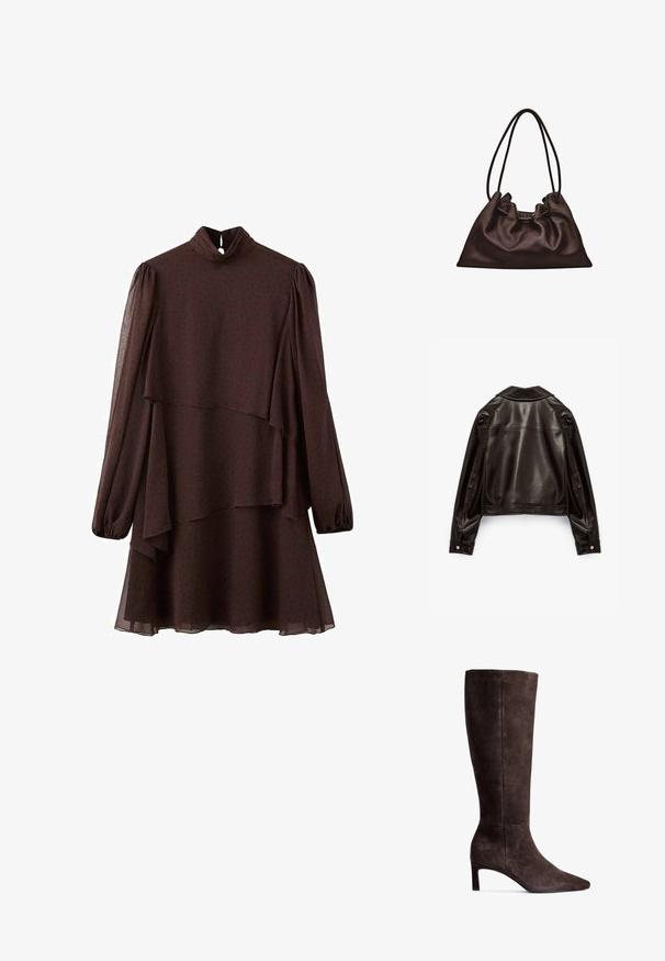 Schwarze Leder-Shortjacke mit glatter Textur, breiten Revers, langen Ärmeln und Druckknopfakzenten an jedem Manschetten.; Dunkelbraunes langärmeliges Kleid mit mehrlagigem asymmetrischem Saum, hohem Kragen mit Schlüsselloch-Knopfverschluss und dezentem Punktmuster.; Braune Wildlederkniehohe Stiefel mit spitzer Zehe und 7,5 cm hohem Absatz. Glatte Textur, elegante Silhouette und minimalistisches Design.; Weiche dunkelbraune Lederhandtasche mit schlaffer Form und zwei dünnen Schulterriemen vor weißem Hintergrund.
