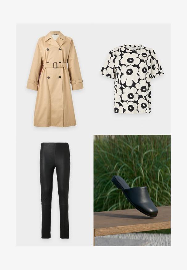 Trench-coat beige à double boutonnage avec boutons noirs, taille ceinturée, col cranté et brides aux poignets sur un fond blanc.; T-shirt manches courtes noir et blanc avec un grand motif floral audacieux présentant de grandes fleurs blanches aux centres noirs.; Leggings noirs en tissu lisse et extensible. Design ajusté avec une texture douce. Présente des détails de couture au niveau des genoux.; Chaussure mule en cuir noir sans lacets flottant au-dessus d'un banc en bois avec de l'herbe verte haute en arrière-plan.
