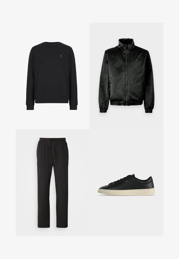 Schwarze Bomberjacke aus glattem, glänzendem Stoff mit hohem Kragen, Reißverschluss vorne und elastischen Bündchen und Saum. Minimale Markenkennzeichnung auf der Brust.; Schwarzer Sweatshirt aus Baumwollmischung, mit Rundhalsausschnitt, langen Ärmeln und einem kleinen gestickten Logo auf der Brust.; Schwarze Jogginghosen aus leichtem Stoff, mit einem elastischen Bund und verstellbaren Kordeln sowie Seitentaschen. Glatte Textur.; Schwarzer flacher Ledersneaker mit weißer Sohle, schwarzen Schnürsenkeln und kleinem goldfarbenem BOSS-Logo an der Seite.