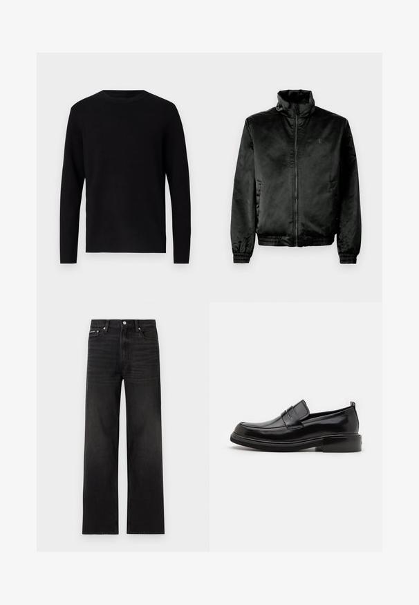 Chaqueta bomber negra hecha de un tejido suave y brillante, con cuello alto, cierre de cremallera frontal y puños y dobladillo elásticos. Branding mínimo en el pecho.; Suéter negro de punto con cuello redondo y mangas largas. Textura suave y color sólido, sin patrones ni acentos visibles.; Jeans negros de pierna recta con diseño de cinco bolsillos, presillas para cinturón y cierre de botón, mostrados sobre un fondo blanco.; Calvin Klein MOCCASIN - Mocasines elegantes - black