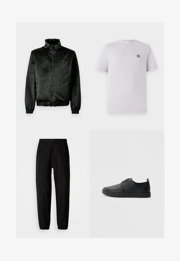 Chaqueta bomber negra hecha de un tejido suave y brillante, con cuello alto, cierre de cremallera frontal y puños y dobladillo elásticos. Branding mínimo en el pecho.; Camiseta de manga corta en lavanda claro, hecha de algodón, con cuello redondo y un pequeño parche de logo oscuro en el lado izquierdo del pecho. Textura suave.; Pantalones de chándal negros con cintura elástica, piernas ajustadas y dobladillos. Textura de tela suave. Detalle del logo en un lado.; Zapatilla negra de cuero con acabado suave, punta redondeada, costuras a tono, cordones en la parte delantera y suela de goma plana. Asa en el talón.