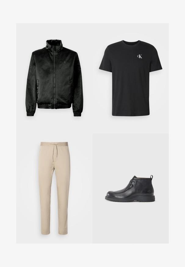 Chaqueta bomber negra hecha de un tejido suave y brillante, con cuello alto, cierre de cremallera frontal y puños y dobladillo elásticos. Branding mínimo en el pecho.; Camiseta negra de manga corta con cuello redondo y pequeño logo blanco "cK" en el pecho superior izquierdo.; Pantalones beige con cintura elástica y cordón. Presentan un diseño de pierna recta, hechos de una tela suave.; Botas de cuero negras hasta el tobillo con punta redondeada, diseño con cordones y una lengüeta en la parte trasera. Parte superior texturizada y suela de goma.