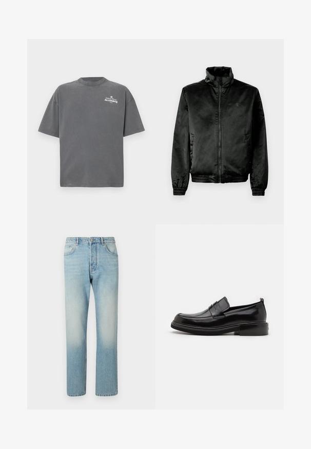 Chaqueta bomber negra hecha de un tejido suave y brillante, con cuello alto, cierre de cremallera frontal y puños y dobladillo elásticos. Branding mínimo en el pecho.; Camiseta de manga corta de color gris oscuro con cuello redondo y pequeño logo blanco "ALLSAINTS" en la parte superior izquierda del pecho.; Jeans de color azul claro hechos de denim, con un diseño de pierna recta, estructura de cinco bolsillos y efecto de lavado desgastado en los muslos.; Calvin Klein MOCCASIN - Mocasines elegantes - black