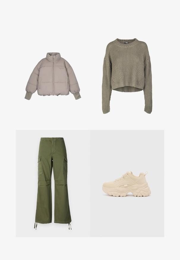 Pegador JARA OVERSIZED BOXY PUFFER JACKET - Chaqueta de invierno - beige; Jersey recortado en verde oliva con un patrón texturizado, cuello redondo y mangas largas. Ribete grueso en el dobladillo y los puños.; Pantalones cargo verde oliva de algodón, con un diseño de pierna ancha, dos bolsillos laterales y lazos ajustables en el dobladillo.; Buffalo GALACTICA - Zapatillas - cream