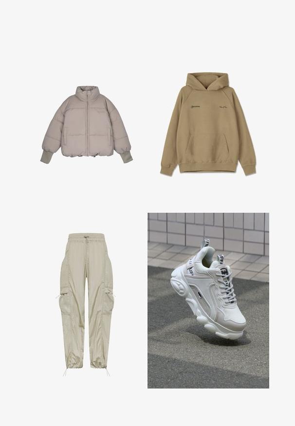 Pegador JARA OVERSIZED BOXY PUFFER JACKET - Chaqueta de invierno - beige; Sudadera con capucha beige de material polar, con un bolsillo frontal, puños de canalé y logotipos bordados en el pecho.; Pantalones cargo beige ligeros, con cintura elástica, cierre con cordón, detalles de bolsillos de malla y puños recogidos para un ajuste ajustable.; Zapatilla blanca con materiales de malla y cuero, puntera redondeada, suela gruesa, cintas prominentes y logo en el talón y la lengüeta.
