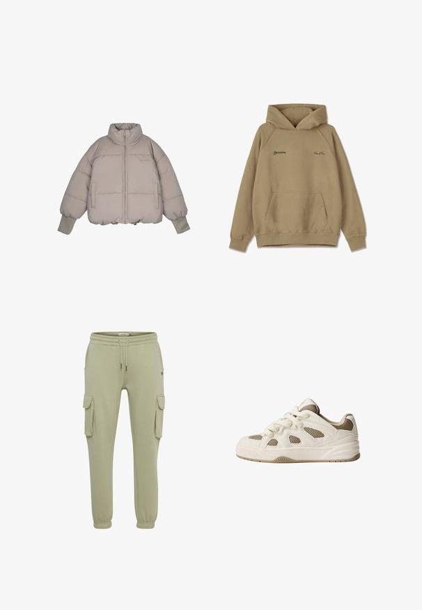 Pegador JARA OVERSIZED BOXY PUFFER JACKET - Winterjas - beige; Beige hoodie van fleece materiaal, met een voorkantzak, geribde manchet en geborduurde logo's op de borst.; Lichtgroene cargobroeken van zacht stof, met zijzakken, elastische manchetten en een koordje in de taille voor een verstelbare pasvorm.; Witte en beige sneaker met mesh panelen, ronde neus, dikke zool en vetersluiting. Beschikt over textuuraccenten en een geprofileerde zool.