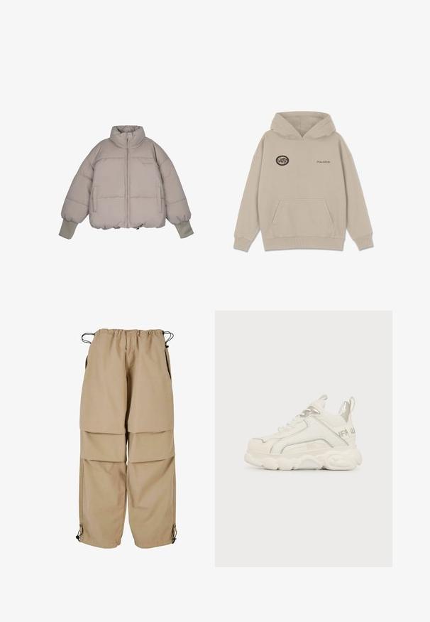 Pegador JARA OVERSIZED BOXY PUFFER JACKET - Vinterjakker - beige; Beige hættebluse lavet af blødt materiale. Har en frontlomme, ribbede manchetter og et broderet logo-patch med tekst på brystet.; Beige cargo bukser med elastisk talje, lagdelt design og sidelommer. Har justerbare manchetter med toggles for en tilpasset pasform.; Hvid chunky sneaker med tyk sål, sølv detalje på hæl og side, snørebånd foran og trækstrop bagpå.