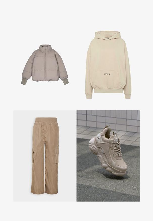 Pegador JARA OVERSIZED BOXY PUFFER JACKET - Winterjas - beige; Beige hoodie met een voorzak, geribbelde boorden en een capuchon met trekkoord. "PECADOR PGDR" tekst gedrukt op het zakgebied.; Even&Odd by Zalando Cargobroek - beige; Beige sportieve schoen met een bovenwerk van mesh en synthetisch materiaal, gewatteerde kraag en een stevige zool met textuuraccenten. Merkzichtbaar aan de zijkant.