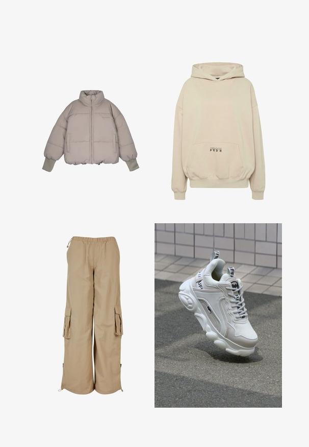 Pegador JARA OVERSIZED BOXY PUFFER JACKET - Vinterjakker - beige; Beige hættetrøje med en forlomme, ribbede manchetter og snøre i hætten. "PECADOR PGDR" tekst trykt på lommedelen.; Beige cargo bukser med elastisk talje, to sidelommer og mesh-detaljer; fremstillet af letvægts, tekstureret stof.; Hvide sneakers med mesh- og lædermaterialer, rund tå, tyk sål, fremtrædende snørebånd og branding på hælen og tungen.