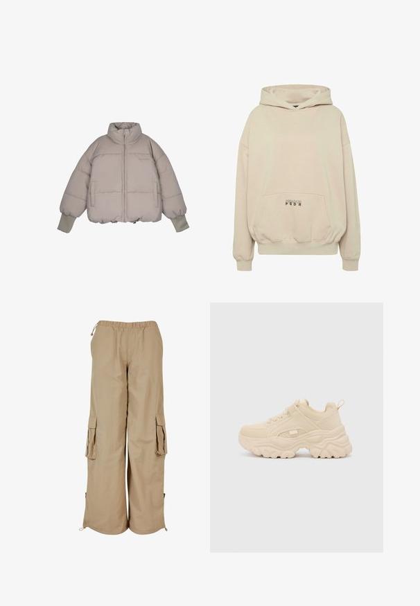 Pegador JARA OVERSIZED BOXY PUFFER JACKET - Chaqueta de invierno - beige; Sudadera con capucha beige con bolsillo frontal, puños acanalados y capucha con cordón. Texto "PECADOR PGDR" impreso en el área del bolsillo.; Pantalones cargo beige con cintura elástica, dos bolsillos laterales y detalles de malla; fabricados en un tejido ligero y texturizado.; Buffalo GALACTICA - Zapatillas - cream