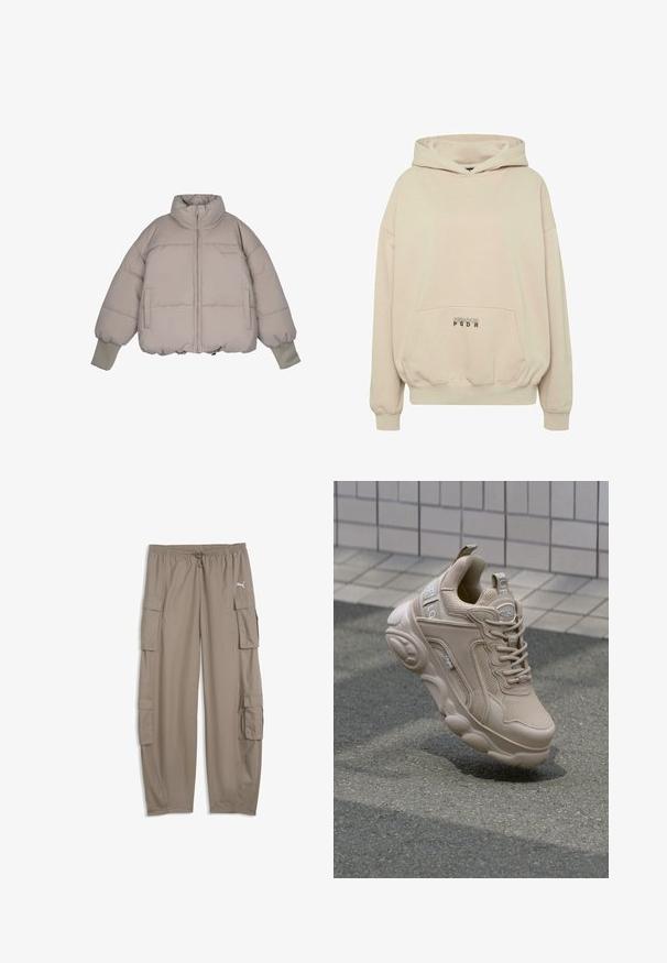 Pegador JARA OVERSIZED BOXY PUFFER JACKET - Winterjas - beige; Beige hoodie met een voorzak, geribbelde boorden en een capuchon met trekkoord. "PECADOR PGDR" tekst gedrukt op het zakgebied.; Lichtbruine, losse cargobroek met trekkoord in de taille en klepzakken op elke pijp, met een klein wit Puma-logo aan de rechterkant.; Beige sportieve schoen met een bovenwerk van mesh en synthetisch materiaal, gewatteerde kraag en een stevige zool met textuuraccenten. Merkzichtbaar aan de zijkant.
