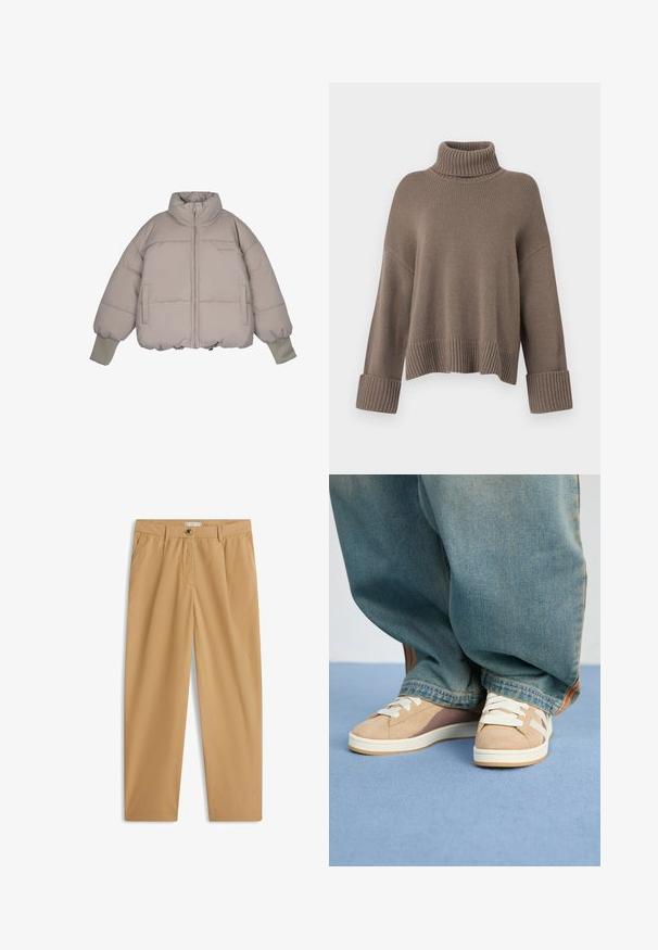 Pegador JARA OVERSIZED BOXY PUFFER JACKET - Vinterjakker - beige; Taupe løst fit ribbestrikket sweater med brede manchetter og en tykk rullet høj krave.; Beige afslappede bukser med lige ben, sidelommer, bæltestropper, knaplukning og lynlås.; Beige sneakers lavet af ruskind og stofmaterialer, med hvide snørebånd, lysebrune accenter og en tekstureret sål. Båret med løse blå denim-bukser.