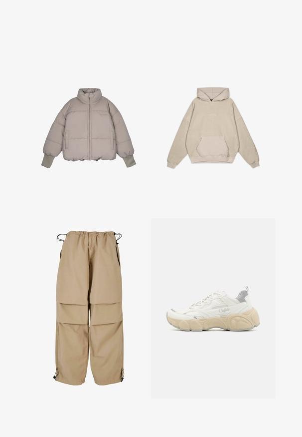 Pegador JARA OVERSIZED BOXY PUFFER JACKET - Winterjacke - beige; Beige Kapuzenpullover mit lockerer Passform, Kängurutasche, gerippten Ärmeln und glatter Textur. Mit dezentem Logo-Detailing auf der Vorderseite.; Beige Cargo-Hosen mit elastischem Bund, geschichteter Optik und seitlichen Taschen. Verfügt über verstellbare Bündchen mit Toggle-Verschlüssen für eine anpassbare Passform.; Weißer Sneaker mit Obermaterial aus Mesh und glattem Leder, ausgestattet mit einem gepolsterten Schaft, einer strukturierten Gummisohle und dezenten metallischen Akzenten.
