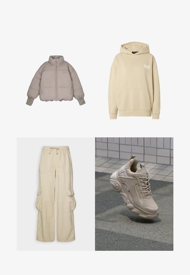 Pegador JARA OVERSIZED BOXY PUFFER JACKET - Winterjas - beige; Beige capuchonsweatshirt met voorzak in kangoeroestijl en wit "PGDR"-logo op de linkerborst, voorzien van geribbelde manchetten en zoom.; Beige wijde cargobroek met een trekkoord in de taille, twee voorzakken en klepzakken aan beide zijden van de benen.; Beige sportieve schoen met een bovenwerk van mesh en synthetisch materiaal, gewatteerde kraag en een stevige zool met textuuraccenten. Merkzichtbaar aan de zijkant.