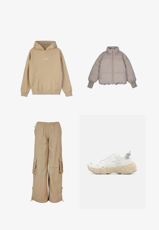 Pegador JARA OVERSIZED BOXY PUFFER JACKET - Winterjacke - beige; Beige Kapuzenpullover aus einem baumwollähnlichen Material. Verfügt über eine frontale Kängurutasche und ein weißes "PEGADOR"-Logo auf der Brust.; Beige Cargo-Shorts mit elastischem Bund, zwei Seitentaschen und Mesh-Akzenten; aus leichtem, strukturierte Stoff gefertigt.; Weißer Sneaker mit Obermaterial aus Mesh und glattem Leder, ausgestattet mit einem gepolsterten Schaft, einer strukturierten Gummisohle und dezenten metallischen Akzenten.