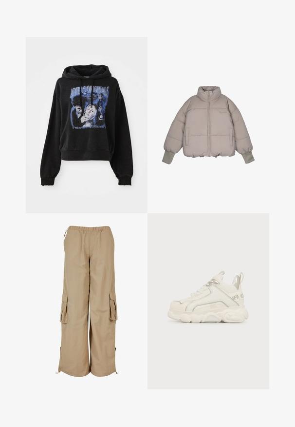 Pegador JARA OVERSIZED BOXY PUFFER JACKET - Veste d'hiver - beige; Haut de survêtement noir court en coton avec un capuchon à cordon de serrage. Présente une impression graphique bleue représentant des personnages et du texte.; Pantalons cargo beiges avec une taille élastique, deux poches latérales et des accents en maille ; fabriqués en tissu léger et texturé.; Baskets blanches épaisses avec semelle épaisse, détail argenté au talon et sur le côté, lacets à l’avant et languette à l’arrière.