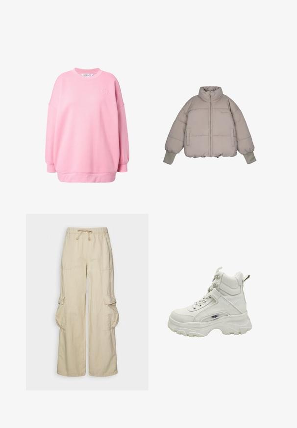 Pegador JARA OVERSIZED BOXY PUFFER JACKET - Winterjas - beige; Roze sweatshirt met een losse pasvorm, ronde hals en verlaagde schouders. Heeft een klein geborduurd logoblad. Gemaakt van zacht katoen.; Beige wijde cargobroek met een trekkoord in de taille, twee voorzakken en klepzakken aan beide zijden van de benen.; Witte hoge sneakers met een dikke rubberen zool, textiele bovenkant, gevoerde kraag en metalen oogjes voor de veters. Logo aan de zijkant.