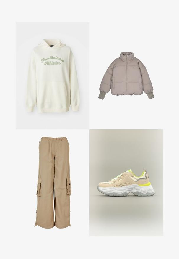 Pegador JARA OVERSIZED BOXY PUFFER JACKET - Winterjacke - beige; Cremefarbener Kapuzenpullover mit Kängurutasche und hellgrünem "New Balance Athletics"-Schriftzug auf der Brust.; Beige Cargo-Shorts mit elastischem Bund, zwei Seitentaschen und Mesh-Akzenten; aus leichtem, strukturierte Stoff gefertigt.; Beige-weißer klobiger Sneaker mit neon-gelben Akzenten, strukturierter Sohle, Schnürung vorne und Schlaufe auf neutralem Hintergrund.