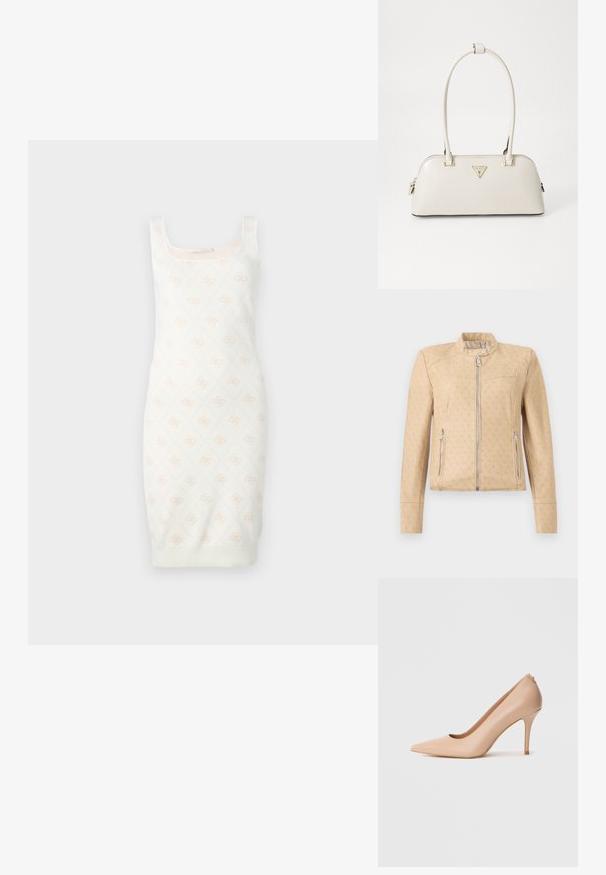 Beige jas met ritssluiting en subtiel all-over monogram, opstaande kraag met drukknoop en ritszakken aan de zijkant.; Gebreide jurk in crèmekleur met een subtiel bloemmotief. Heeft een aansluitend design, vierkante halslijn en geribbelde zoom. Zachte textuur voor comfort.; Beige leren pump met hoge hak, een puntige neus, een gladde textuur en een slanke naaldhak. Minimalistisch ontwerp met een instapmodel.; Crème handtas van patenleer met een gebogen vorm, twee bovenhandvatten en een goudkleurig driehoekig logo aan de voorkant. Ritsafsluiting.