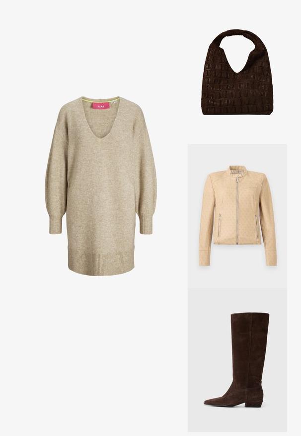 Beige jas met ritssluiting en subtiel all-over monogram, opstaande kraag met drukknoop en ritszakken aan de zijkant.; Beige gebreide jurk met lange mouwen, V-hals en geribbelde manchetten en zoom, met een losse, comfortabele pasvorm.; Donkerbruine suède kniehoge laars met een lage blokhak en spitse neus, weergegeven vanaf de zijkant op een witte achtergrond.; Donkerbruine leren hobo-tas met geperst krokodillenpatroon en brede, afgeronde handgreep, eenvoudig en zacht vallend ontwerp.