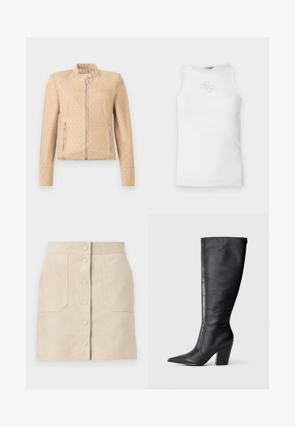 Veste beige zippée avec un motif monogramme discret sur l'ensemble, col montant avec bouton-pression et poches latérales zippées.; Débardeur blanc côtelé sans manches avec un petit logo scintillant sur la poitrine, doté d'un col rond et d'une silhouette ajustée.; Mini-jupe en daim beige avec boutons-pression à l'avant et deux grandes poches frontales, coupe droite et détails cousus.; Botte en cuir noire à hauteur de genou avec bout pointu et talon large, présentée en profil latéral gauche sur fond blanc.