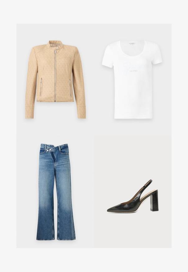 Beige Reißverschlussjacke mit dezentem, durchgehendem Monogramm-Muster, Stehkragen mit Druckknopf und seitlichen Reißverschlusstaschen.; Weißes kurzärmeliges T-Shirt aus Baumwolle: verfügt über einen Rundhalsausschnitt und ein strukturiertes "Guess est.1981"-Logo in passendem Weiß auf der Vorderseite.; Helle, blaue Jeans mit weit ausgestellt Bein und hoher Taille, ausgestattet mit zwei Knöpfen und vorderen Taschen. Der Stoff hat eine ausgewaschene Textur mit subtilen Variationen.; Schwarzer Leder-Slingback-Schuh mit spitzer Kappe, hohem Blockabsatz und beigegefüttertem Innenraum vor hellem, einfarbigem Hintergrund.