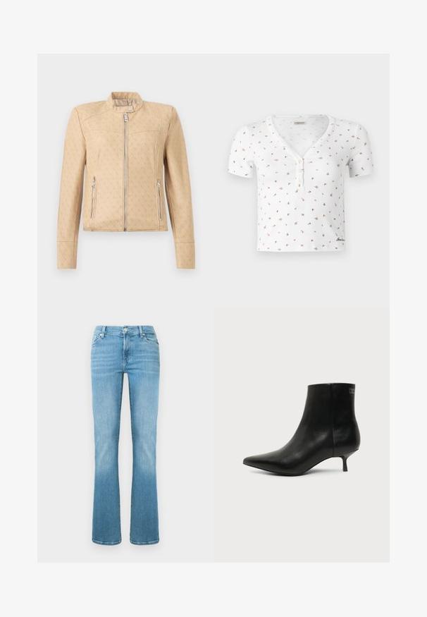 Veste beige zippée avec un motif monogramme discret sur l'ensemble, col montant avec bouton-pression et poches latérales zippées.; Blouse blanche à manches courtes avec petit imprimé floral multicolore, col en V avec trois boutons, et fines rayures verticales texturées.; Jean en denim bleu clair avec un design à jambes évasées, poches avant et fermeture à boutons, présentant un effet délavé pour la texture.; Bottine en cuir noir avec bout pointu et petit talon kitten sur fond clair, vue côté extérieur.