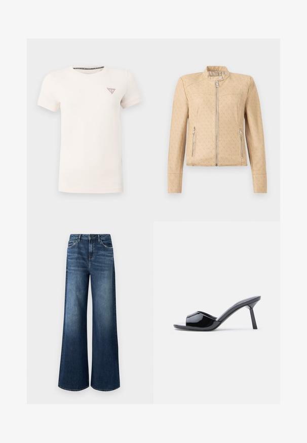 Veste beige zippée avec un motif monogramme discret sur l'ensemble, col montant avec bouton-pression et poches latérales zippées.; T-shirt blanc à manches courtes et col rond avec petit triangle rouge du logo Guess sur la poitrine gauche, sur un fond uni.; Jean à jambes larges en denim bleu foncé, avec une taille haute, un design à cinq poches et un léger délavage avec une texture lisse.; Sandales à talons ouverts en cuir verni noir, avec un design supérieur incurvé et un talon aiguille effilé. Finition lisse et brillante.