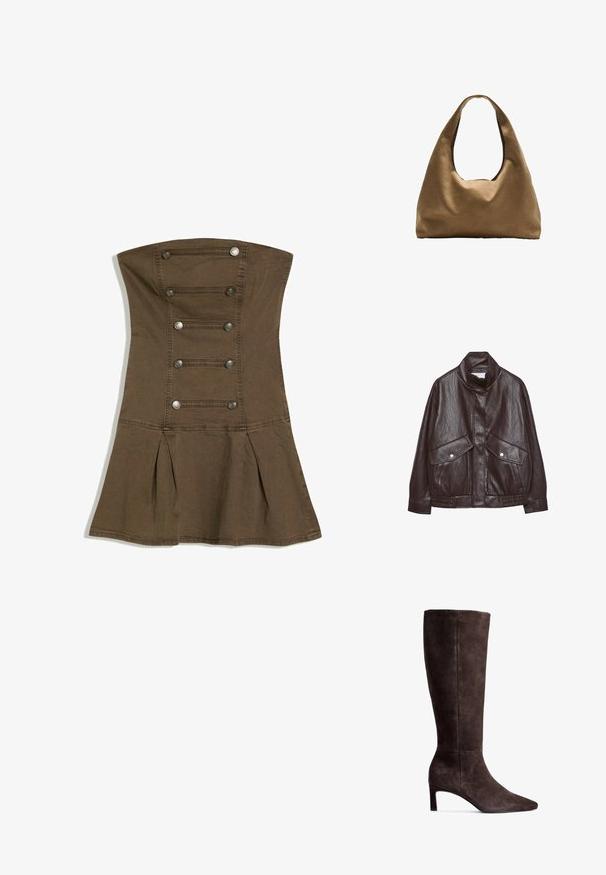 Veste en cuir marron avec un col haut, deux grandes poches avant, des accents de boutons-pression et une taille élastiquée. Fini texturé et mat.; Robe marron bustier avec corsage ajusté, décorée de six paires de boutons métalliques en deux rangées verticales et d'une jupe évasée à plis.; Botte en daim marron haute jusqu'au genou avec un bout pointu et un talon de 3 pouces. Texture lisse, silhouette élégante et design minimaliste.; Sac à épaule en tissu marron avec un corps large et arrondi et une grande poignée découpée. Texture douce, design minimaliste et aucun matériel visible.