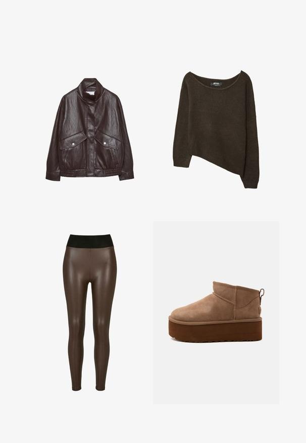 Veste en cuir marron avec un col haut, deux grandes poches avant, des accents de boutons-pression et une taille élastiquée. Fini texturé et mat.; Pull en tricot lâche marron avec un ourlet asymétrique et un col large. Texture douce avec des poignets côtelés et une étiquette à l'intérieur du col.; Pantalons en simili cuir marron avec une taille haute noire, présentant une finition lisse et brillante et un design ajusté jusqu'à la cheville.; Bottine marron en daim de hauteur moyenne, style slip-on, avec une semelle épaisse compensée et un onglet à l’arrière sur fond clair.