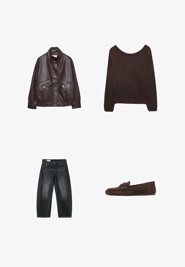 Veste en cuir marron avec un col haut, deux grandes poches avant, des accents de boutons-pression et une taille élastiquée. Fini texturé et mat.; Pull en tricot marron avec un col dénudé, des manches longues et des poignets à côtes. Texture douce avec une finition de surface lisse.; Jean large court noir avec poches avant, fermeture par boutons et détails décolorés subtils au niveau des cuisses et des genoux.; Mocassin marron en daim avec détails cousus et petit talon, présenté de profil sur fond blanc.