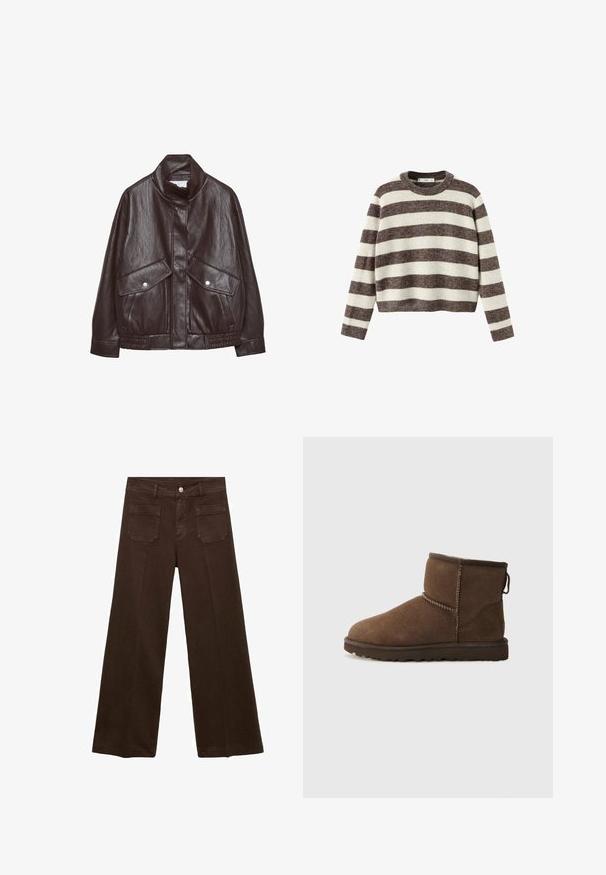 Veste en cuir marron avec un col haut, deux grandes poches avant, des accents de boutons-pression et une taille élastiquée. Fini texturé et mat.; Pull-over rayé crème et marron foncé. Col rond côtelé, manches longues et ourlet court. Texture douce avec une coupe décontractée.; Jeans larges marron en denim, avec une taille haute, deux poches arrière et une fermeture à bouton à l'avant. Texture lisse, forme droite.; UGG CLASSIC MINI II - Bottes de neige - dusted cocoa