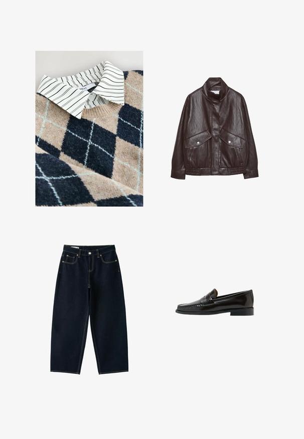 Brun læderjakke med højt krave, to store forlommer, trykknapdetaljer og elastisk talje. Tekstureret, mat finish.; Striktrøje med et tan- og navy argyle mønster, en hvidstribet skjorte med krave under, samt et tekstureret, blødt materiale.; Mørkeblå jeans med brede ben og høj talje, foran knap, lynlås og fem lommer med synlige sømme.; Sort læder penny loafer med lav hæl og syninger, vist fra siden på en hvid baggrund.