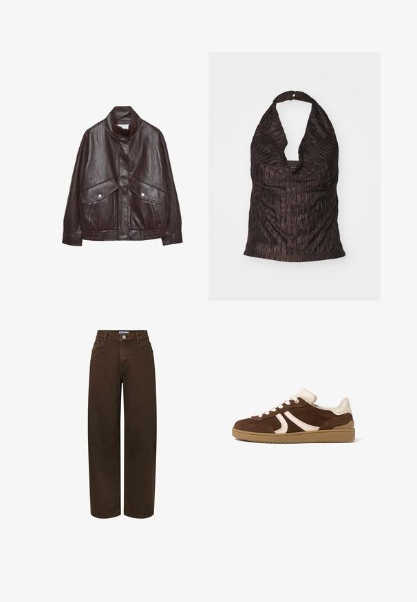 Veste en cuir marron avec un col haut, deux grandes poches avant, des accents de boutons-pression et une taille élastiquée. Fini texturé et mat.; Top à encolure halter froncé en marron foncé, présentant un décolleté en V profond et un tissu lisse et texturé avec un léger éclat.; Jean marron taille haute à jambes larges, fermeture devant avec bouton et zip, deux poches avant et passants pour ceinture.; Baskets en daim brun avec accents crème, lacets blancs et semelle en caoutchouc gomme, vues de profil extérieur sur fond blanc.