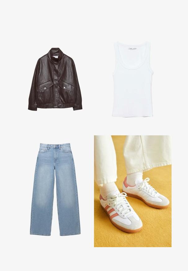 Veste en cuir marron avec un col haut, deux grandes poches avant, des accents de boutons-pression et une taille élastiquée. Fini texturé et mat.; Débardeur blanc uni sans manches avec encolure arrondie, fabriqué en tissu doux, étiquette à l'intérieur du col indiquant la marque et la taille.; Jean large bleu clair fabriqué en denim. Doté d'une taille haute, de poches avant et d'une fermeture à boutons. Texture lisse avec un léger délavage.; Baskets blanches avec des accents roses, en matériaux de daim et de cuir, à bout rond et semelle en caoutchouc, présentées avec des chaussettes claires sur un fond jaune.